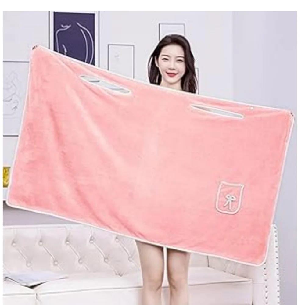 Wearable Towel Pink Towel Dress with Pocket Bow Design Coral Slim Fit